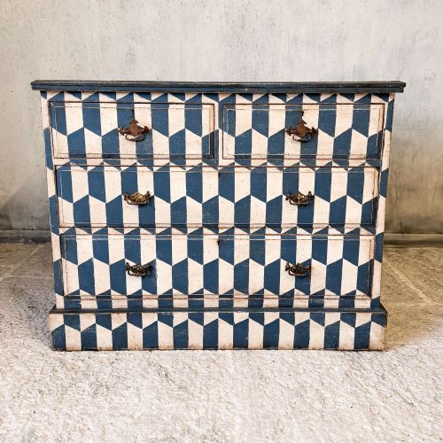 EDWARDIAN CHEST OF DRAWERS 2 OVER 2 HAND PAINTED GEOMETRIC BLUE WHITE - ADDITIONAL PHOTO 1
