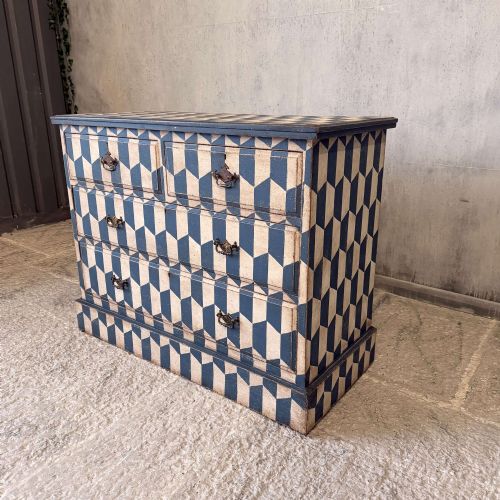 EDWARDIAN CHEST OF DRAWERS 2 OVER 2 HAND PAINTED GEOMETRIC BLUE WHITE - ADDITIONAL PHOTO 2