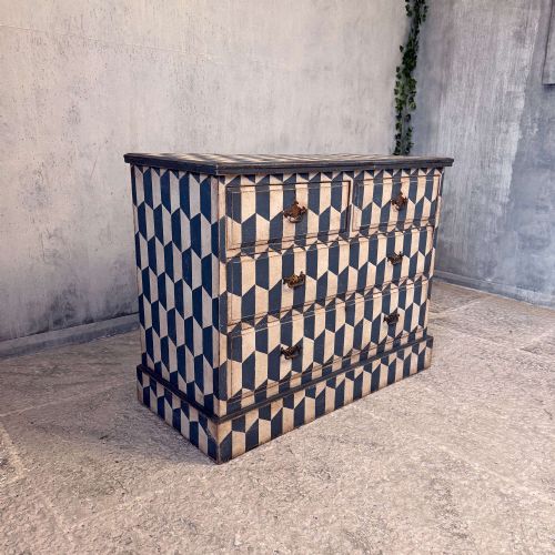 EDWARDIAN CHEST OF DRAWERS 2 OVER 2 HAND PAINTED GEOMETRIC BLUE WHITE - ADDITIONAL PHOTO 3