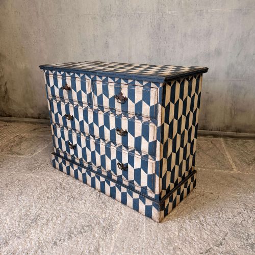 EDWARDIAN CHEST OF DRAWERS 2 OVER 2 HAND PAINTED GEOMETRIC BLUE WHITE - ADDITIONAL PHOTO 4