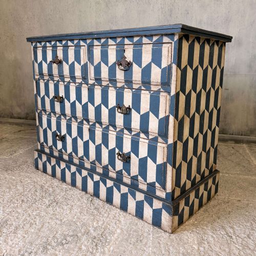 EDWARDIAN CHEST OF DRAWERS 2 OVER 2 HAND PAINTED GEOMETRIC BLUE WHITE - ADDITIONAL PHOTO 5