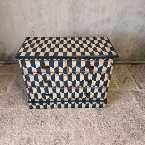 EDWARDIAN CHEST OF DRAWERS 2 OVER 2 HAND PAINTED GEOMETRIC BLUE WHITE - ADDITIONAL PHOTO 7