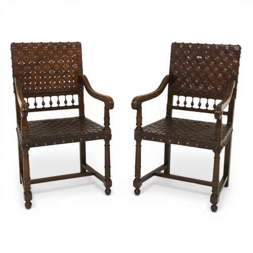 VERY DECORATIVE PAIR OF 19THCENTURY CAROLEAN STYLE OAK AND WOVEN LEATHER ARMCHAIRS