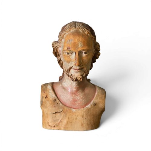 18TH CENTURY POLYCHROME OLIVE WOOD BUST CARVED HEAD OF CHRIST ITALIAN SICILIAN