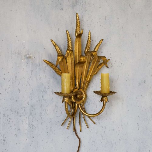 ENGLISH MIDCENTURY TWINCANDLED GILT METAL ELECTRIC WALL SCONCE - ADDITIONAL PHOTO 2