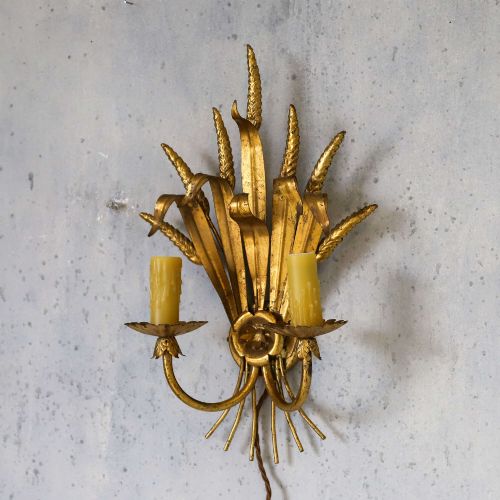 ENGLISH MIDCENTURY TWINCANDLED GILT METAL ELECTRIC WALL SCONCE - ADDITIONAL PHOTO 3
