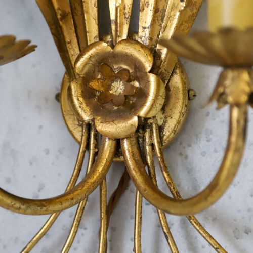 ENGLISH MIDCENTURY TWINCANDLED GILT METAL ELECTRIC WALL SCONCE - ADDITIONAL PHOTO 5