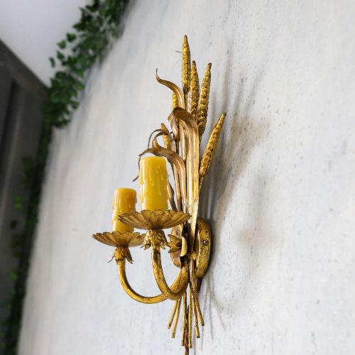 ENGLISH MIDCENTURY TWINCANDLED GILT METAL ELECTRIC WALL SCONCE - ADDITIONAL PHOTO 9
