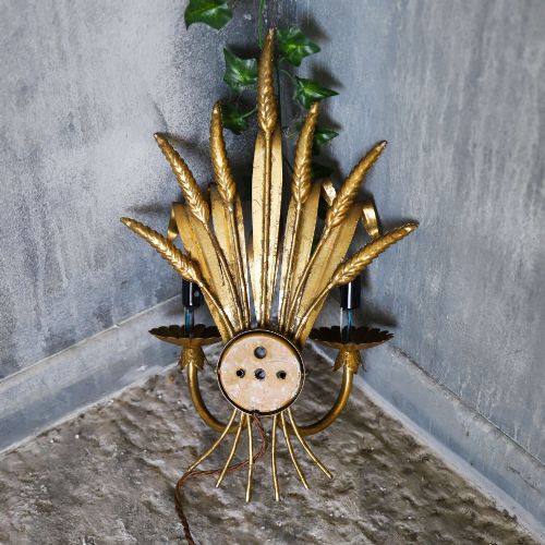 ENGLISH MIDCENTURY TWINCANDLED GILT METAL ELECTRIC WALL SCONCE - ADDITIONAL PHOTO 10