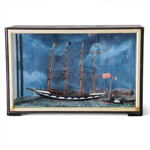 FOURMASTED SAILING SHIP DIORAMA WITH STEAM BARGE TURNERESQUE SEASCAPE
