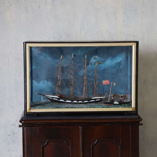 FOURMASTED SAILING SHIP DIORAMA WITH STEAM BARGE TURNERESQUE SEASCAPE - ADDITIONAL PHOTO 1
