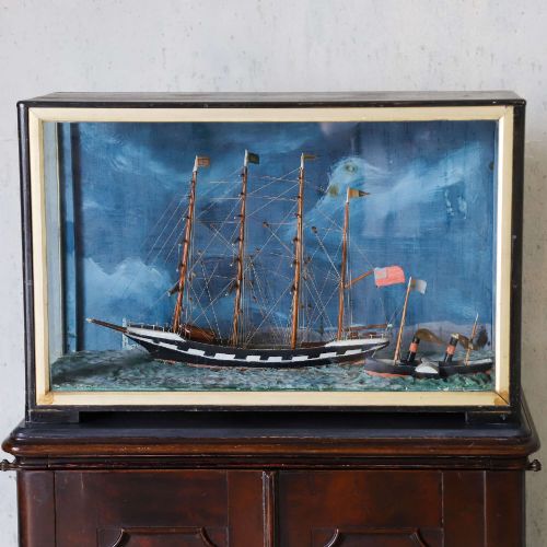 FOURMASTED SAILING SHIP DIORAMA WITH STEAM BARGE TURNERESQUE SEASCAPE - ADDITIONAL PHOTO 10