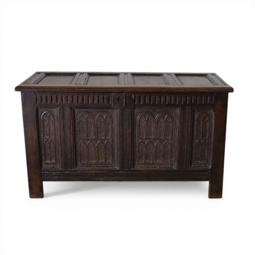 LATE 17THCENTURY CORNISH ECCLESIASTICAL OAK COFFER WITH GOTHIC CARVING CIRCA 1680
