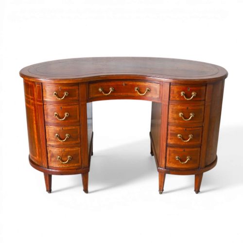 LATE 18THEARLY 19THCENTURY ENGLISH SHERATON REVIVAL KIDNEY DESK ORIGINAL LEATHER TOP
