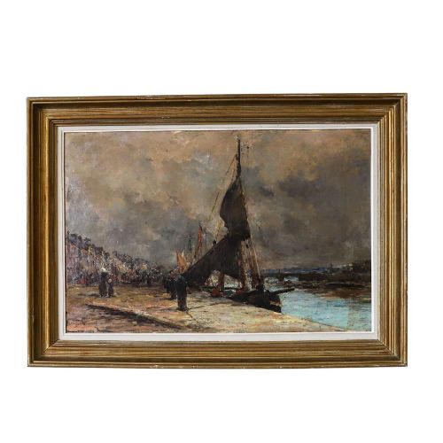 19THCENTURY HARBOUR SCENE OIL ON CANVAS IN GILT FRAME