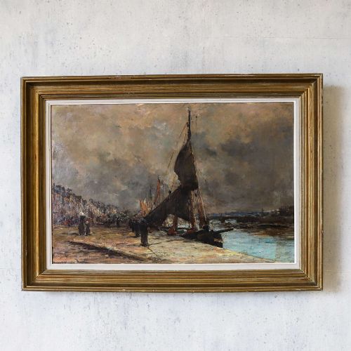 19THCENTURY HARBOUR SCENE OIL ON CANVAS IN GILT FRAME - ADDITIONAL PHOTO 1