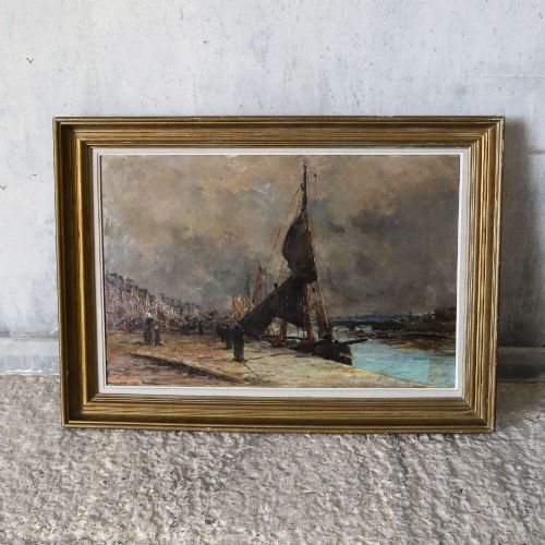 19THCENTURY HARBOUR SCENE OIL ON CANVAS IN GILT FRAME - ADDITIONAL PHOTO 5