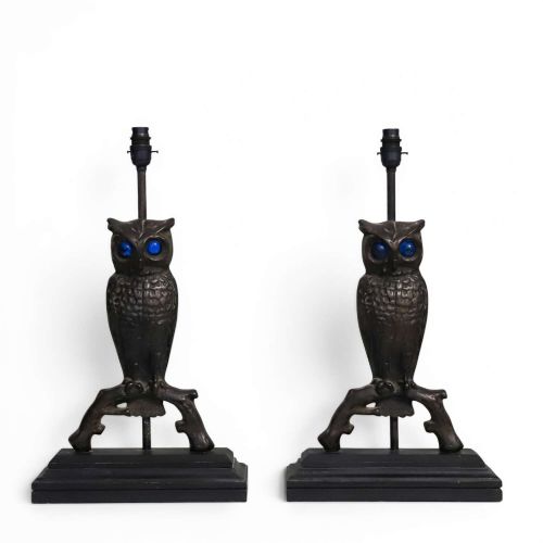 PAIR OF AMERICAN CAST IRON OWL LAMPS C1930S CONVERTED FROM ANDIRONS