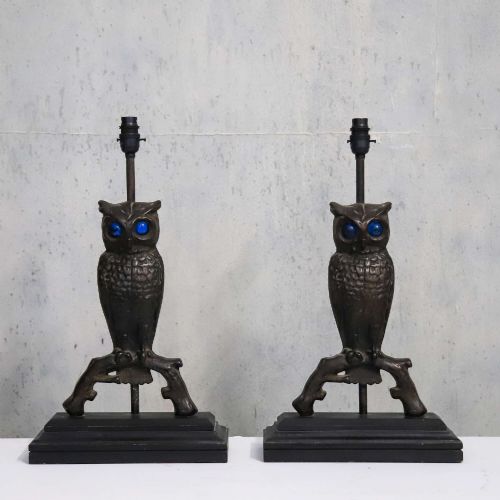 PAIR OF AMERICAN CAST IRON OWL LAMPS C1930S CONVERTED FROM ANDIRONS - ADDITIONAL PHOTO 1