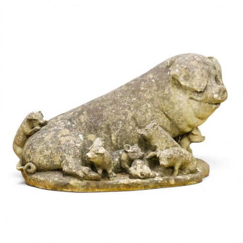 1930S ENGLISH CAST STONE PIG AND PIGLETS GARDEN STATUE LARGE SOW WITH SEVEN PIGLETS