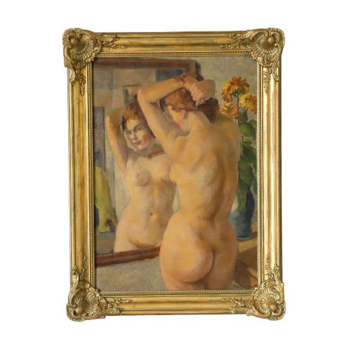 NUDE IN MIRROR OIL PAINTING BY PHILIPPE DE ROUGEMONT 18911965 SWEDEN 1930S40S
