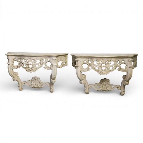 PAIR OF 1930S FRENCH HANDCARVED WALL CONSOLE TABLES IN ANTIQUE WHITE FINISH - ADDITIONAL PHOTO 1