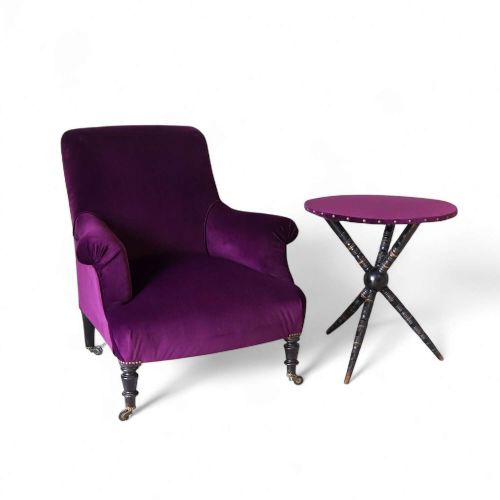 NAPOLEON III ARMCHAIR AESTHETIC MOVEMENT GYPSY TABLE IN DESIGNERS GUILD PURPLE VELVET