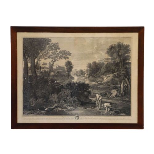 18TH CENTURY FRENCH ENGRAVING 'LANDSCAPE WITH DIOGENES' BY TIENNE BAUDET ORIGINAL FRAME