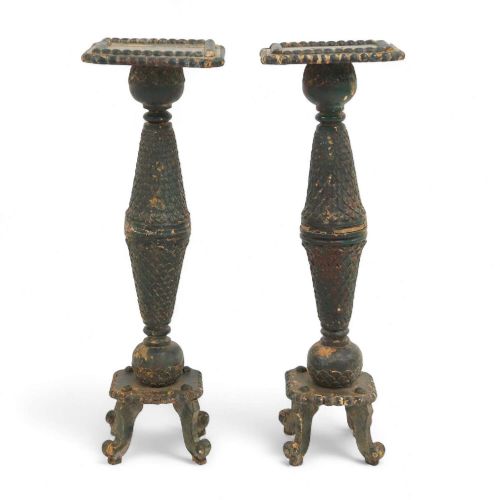 PAIR OF DECORATIVE ANTIQUE TORCHIRES IN ORIGINAL GREEN PAINT