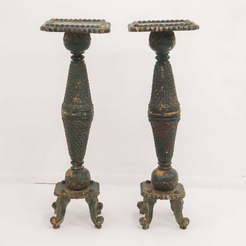 PAIR OF DECORATIVE ANTIQUE TORCHIRES IN ORIGINAL GREEN PAINT - ADDITIONAL PHOTO 1