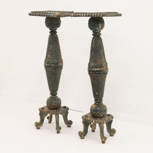 PAIR OF DECORATIVE ANTIQUE TORCHIRES IN ORIGINAL GREEN PAINT - ADDITIONAL PHOTO 2