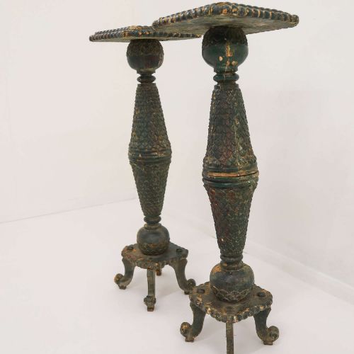 PAIR OF DECORATIVE ANTIQUE TORCHIRES IN ORIGINAL GREEN PAINT - ADDITIONAL PHOTO 10