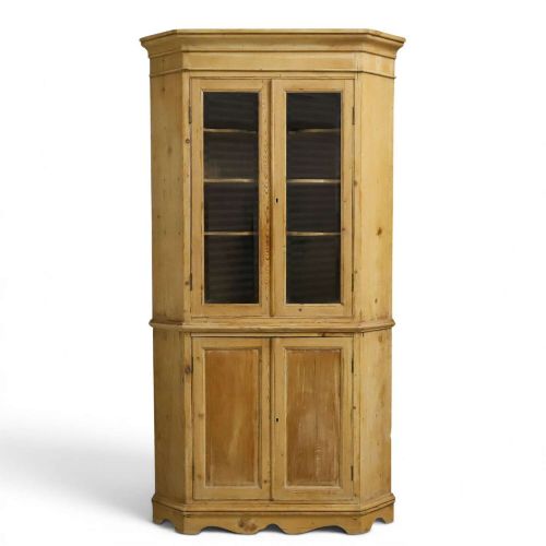 19THCENTURY ENGLISH PINE CORNER CUPBOARD TWOPART FORM WITH GLASS DOORS