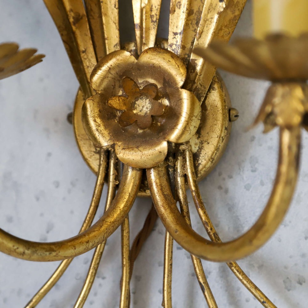 A mid-century gilt metal wall sconce crafted in the form of a wheat sheaf with two candle arms. View VI