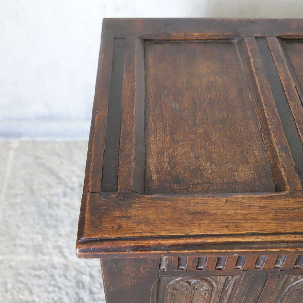 A dark oak coffer featuring four hand-carved Gothic arch panels, a fluted frieze, and a sturdy four-panel hinged lid. View VII