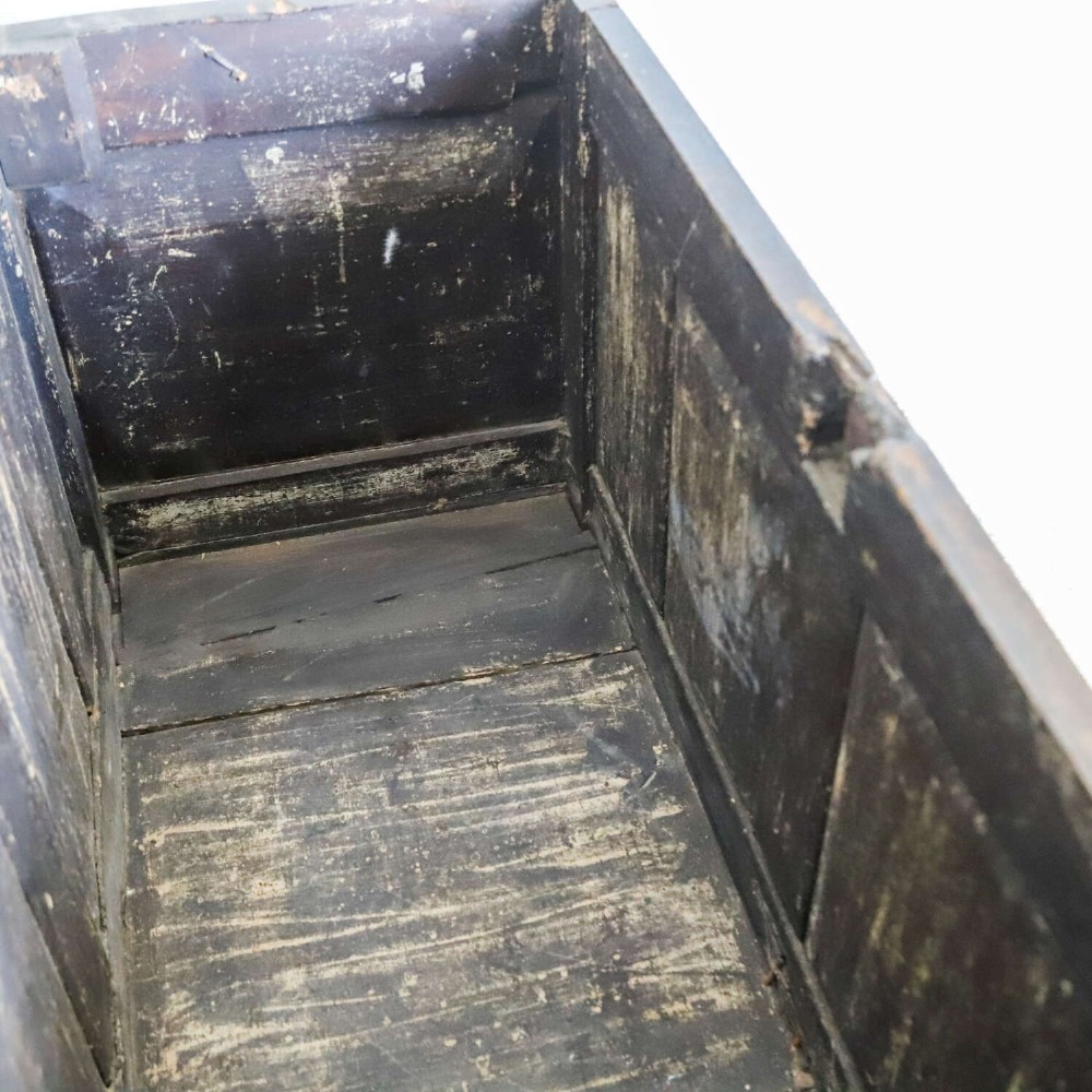 A dark oak coffer featuring four hand-carved Gothic arch panels, a fluted frieze, and a sturdy four-panel hinged lid. View XI
