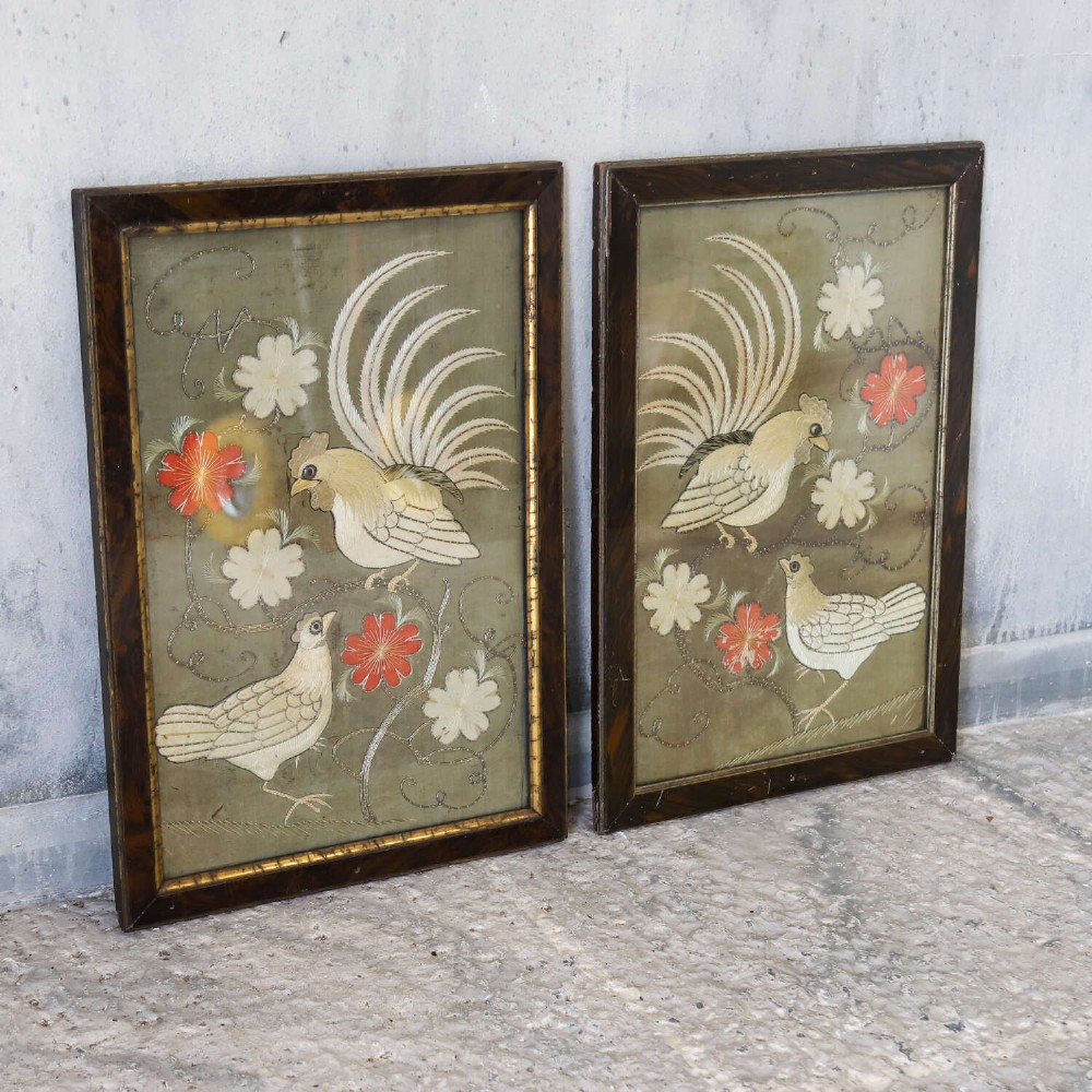 A pair of rectangular 19th-century French silk embroideries featuring cockerels, hens, and red flowers on a sage green background, set in dark faux tortoiseshell frames with gilt inner borders. View II