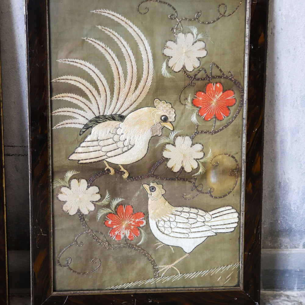 A pair of rectangular 19th-century French silk embroideries featuring cockerels, hens, and red flowers on a sage green background, set in dark faux tortoiseshell frames with gilt inner borders. View III
