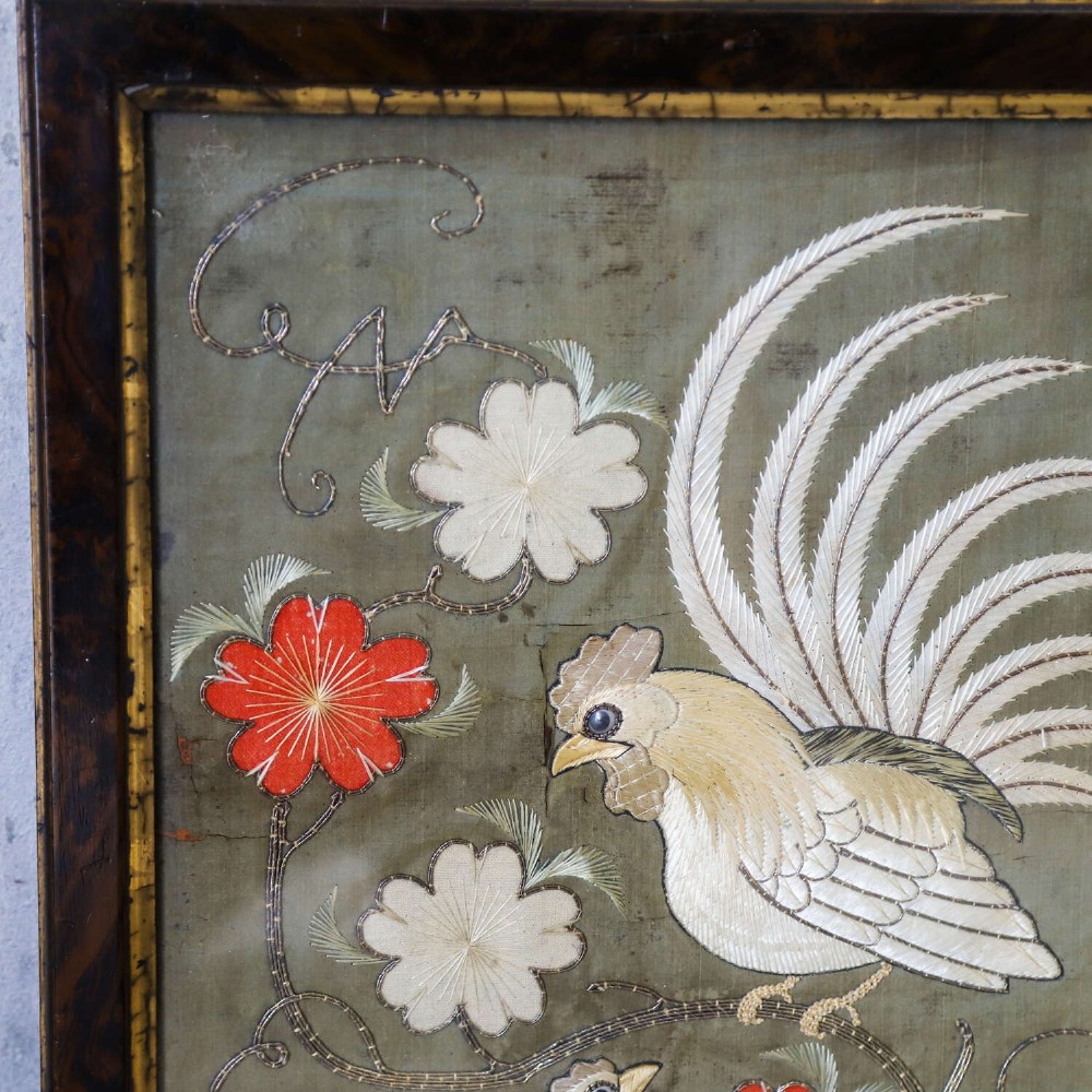 A pair of rectangular 19th-century French silk embroideries featuring cockerels, hens, and red flowers on a sage green background, set in dark faux tortoiseshell frames with gilt inner borders. View IV