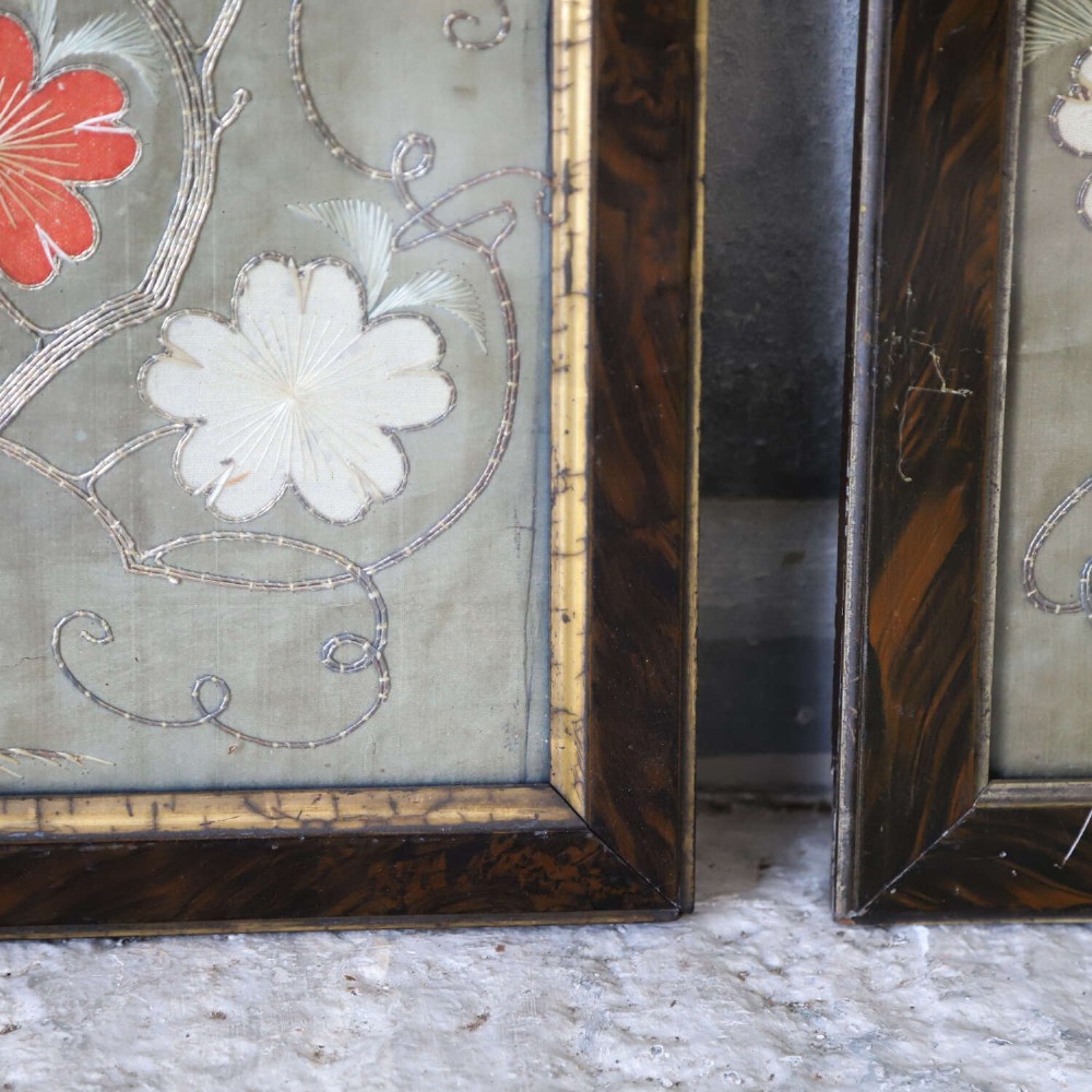 A pair of rectangular 19th-century French silk embroideries featuring cockerels, hens, and red flowers on a sage green background, set in dark faux tortoiseshell frames with gilt inner borders. View V