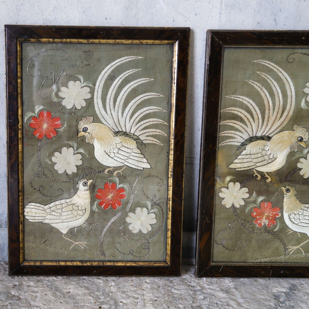 A pair of rectangular 19th-century French silk embroideries featuring cockerels, hens, and red flowers on a sage green background, set in dark faux tortoiseshell frames with gilt inner borders. View VI