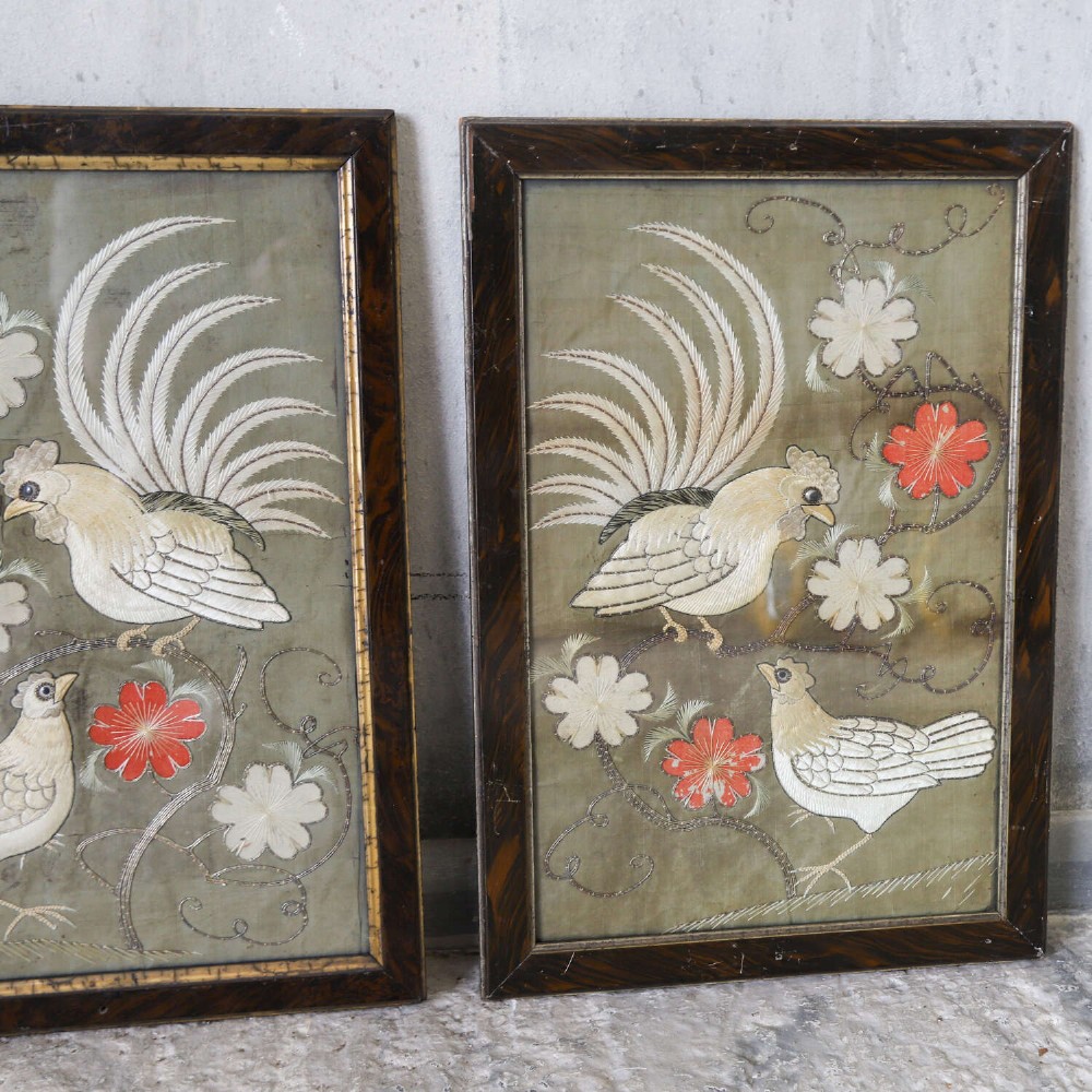 A pair of rectangular 19th-century French silk embroideries featuring cockerels, hens, and red flowers on a sage green background, set in dark faux tortoiseshell frames with gilt inner borders. View VII