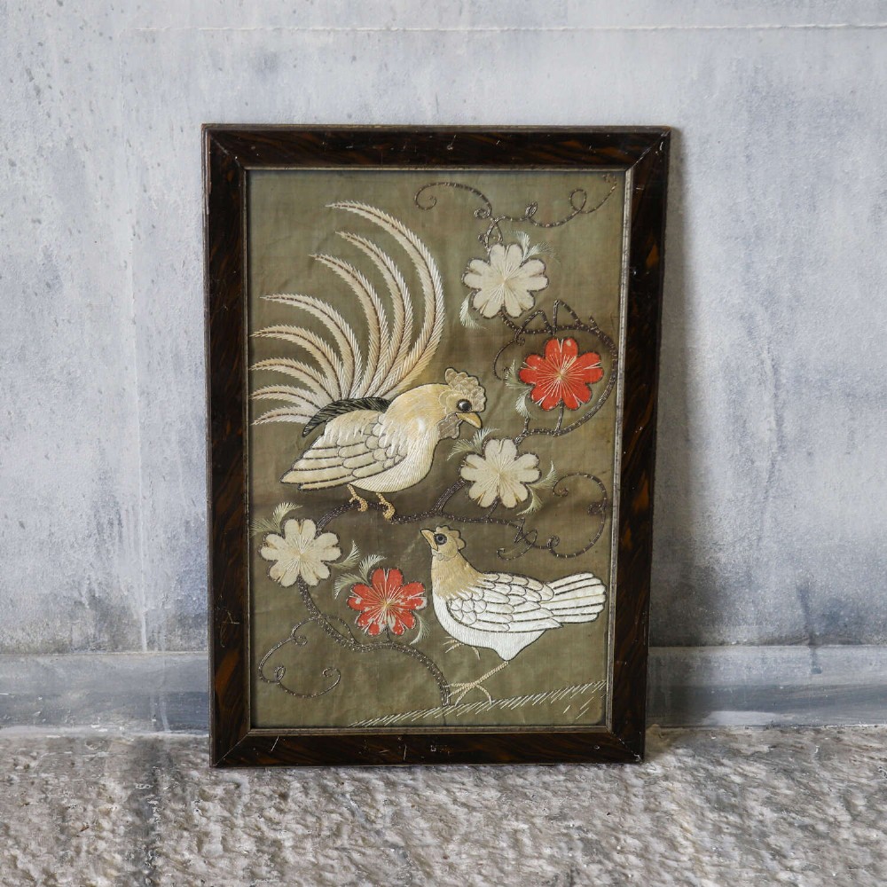 A pair of rectangular 19th-century French silk embroideries featuring cockerels, hens, and red flowers on a sage green background, set in dark faux tortoiseshell frames with gilt inner borders. View VIII