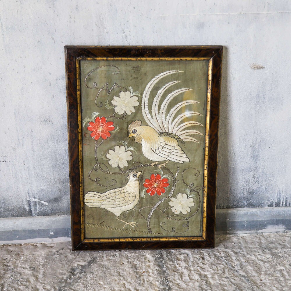 A pair of rectangular 19th-century French silk embroideries featuring cockerels, hens, and red flowers on a sage green background, set in dark faux tortoiseshell frames with gilt inner borders. View IX