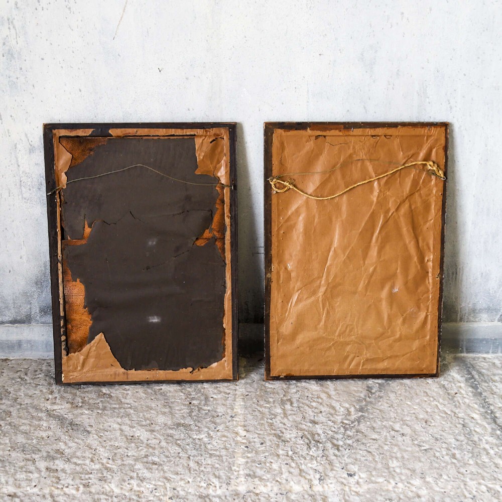 A pair of rectangular 19th-century French silk embroideries featuring cockerels, hens, and red flowers on a sage green background, set in dark faux tortoiseshell frames with gilt inner borders. View X