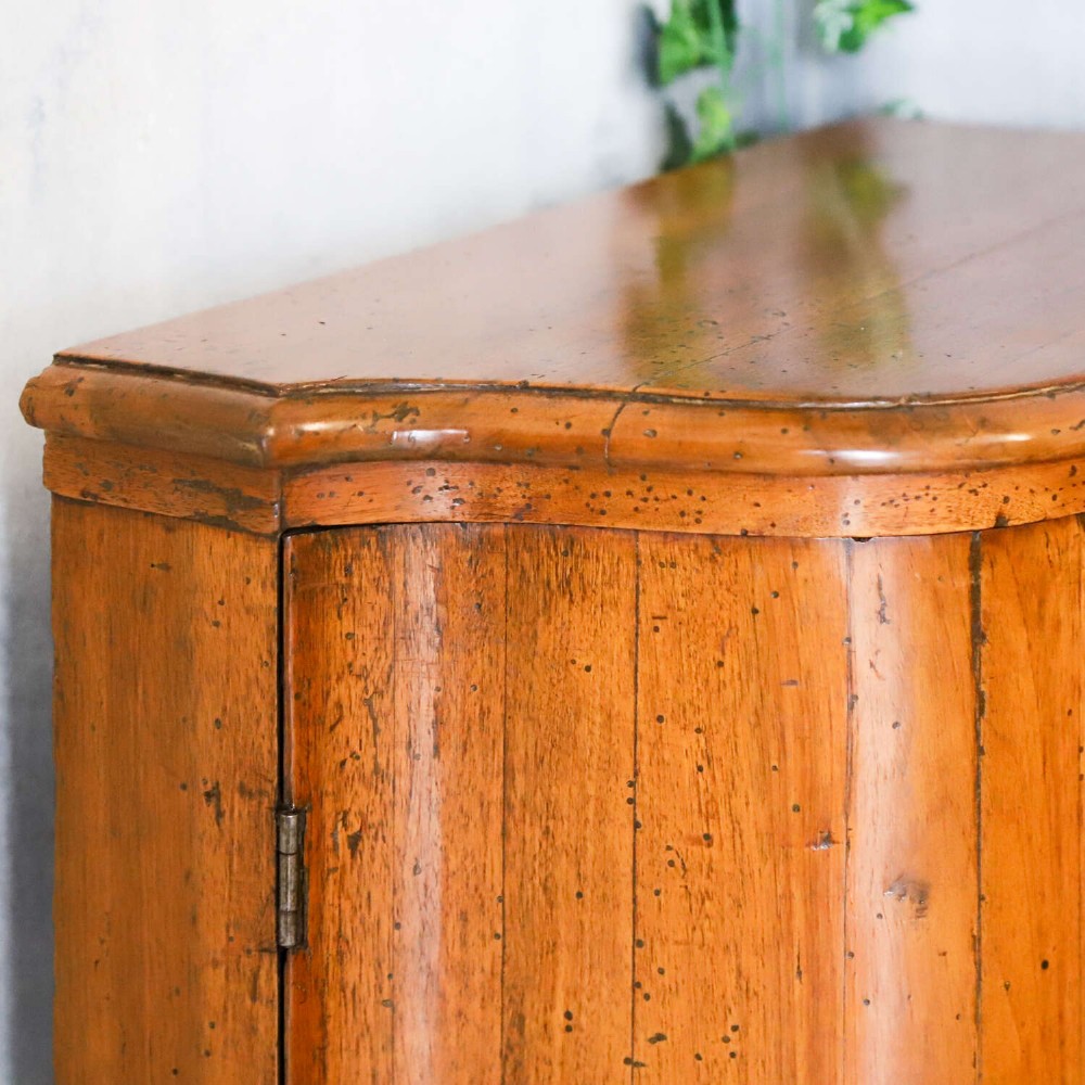 A matching pair of 18th-century Italian walnut corner cupboards with serpentine fronts and brass keyhole escutcheons. View XII