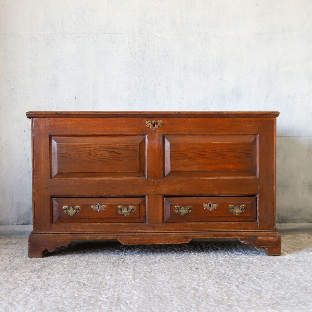 An 18th-century pine mule chest with two raised front panels, two lower drawers, and original brass hardware on a bracket base. View II