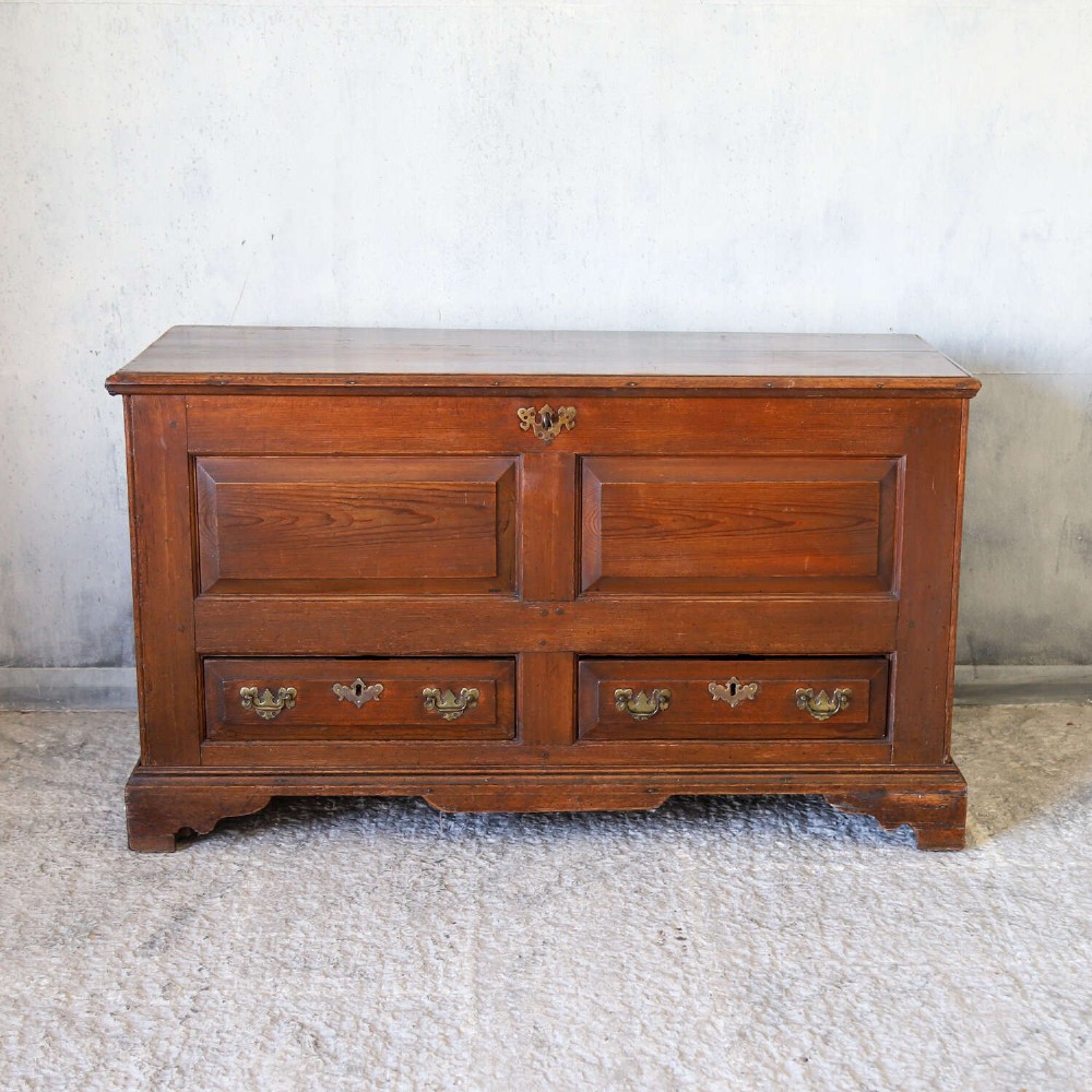 An 18th-century pine mule chest with two raised front panels, two lower drawers, and original brass hardware on a bracket base. View III