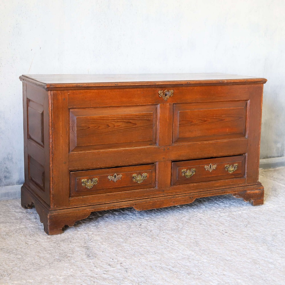 An 18th-century pine mule chest with two raised front panels, two lower drawers, and original brass hardware on a bracket base. View IV