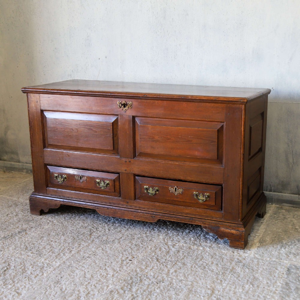 An 18th-century pine mule chest with two raised front panels, two lower drawers, and original brass hardware on a bracket base. View V